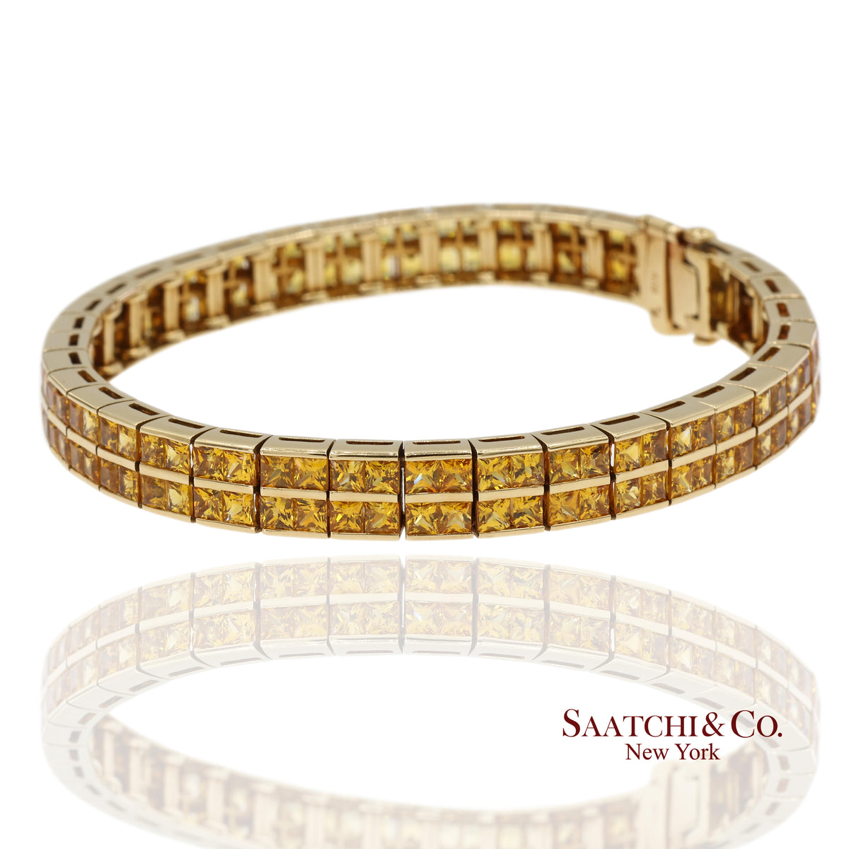 12.50 Ct Natural Yellow Sapphire Princess Cut Bracelet in 18K Yellow Gold