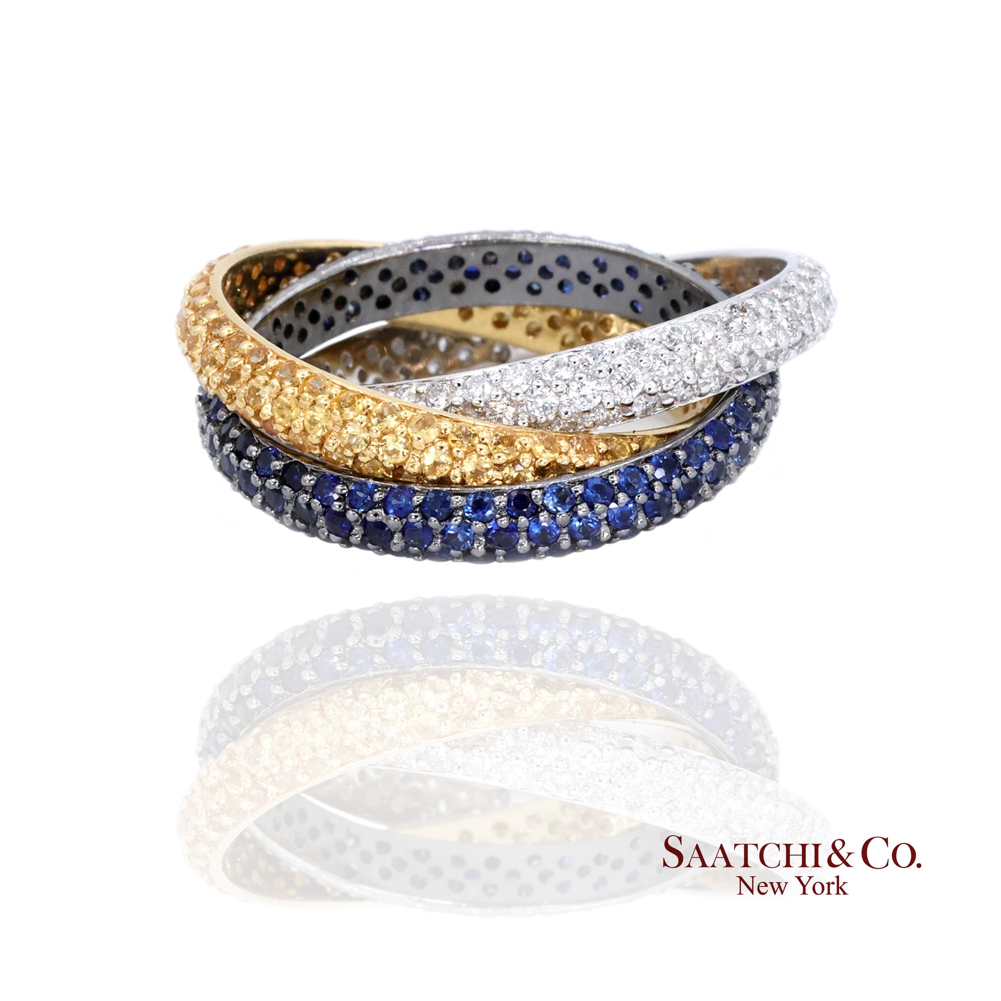 18k (750) Gold Tri Color Natural Diamond and Sapphire Ring Band