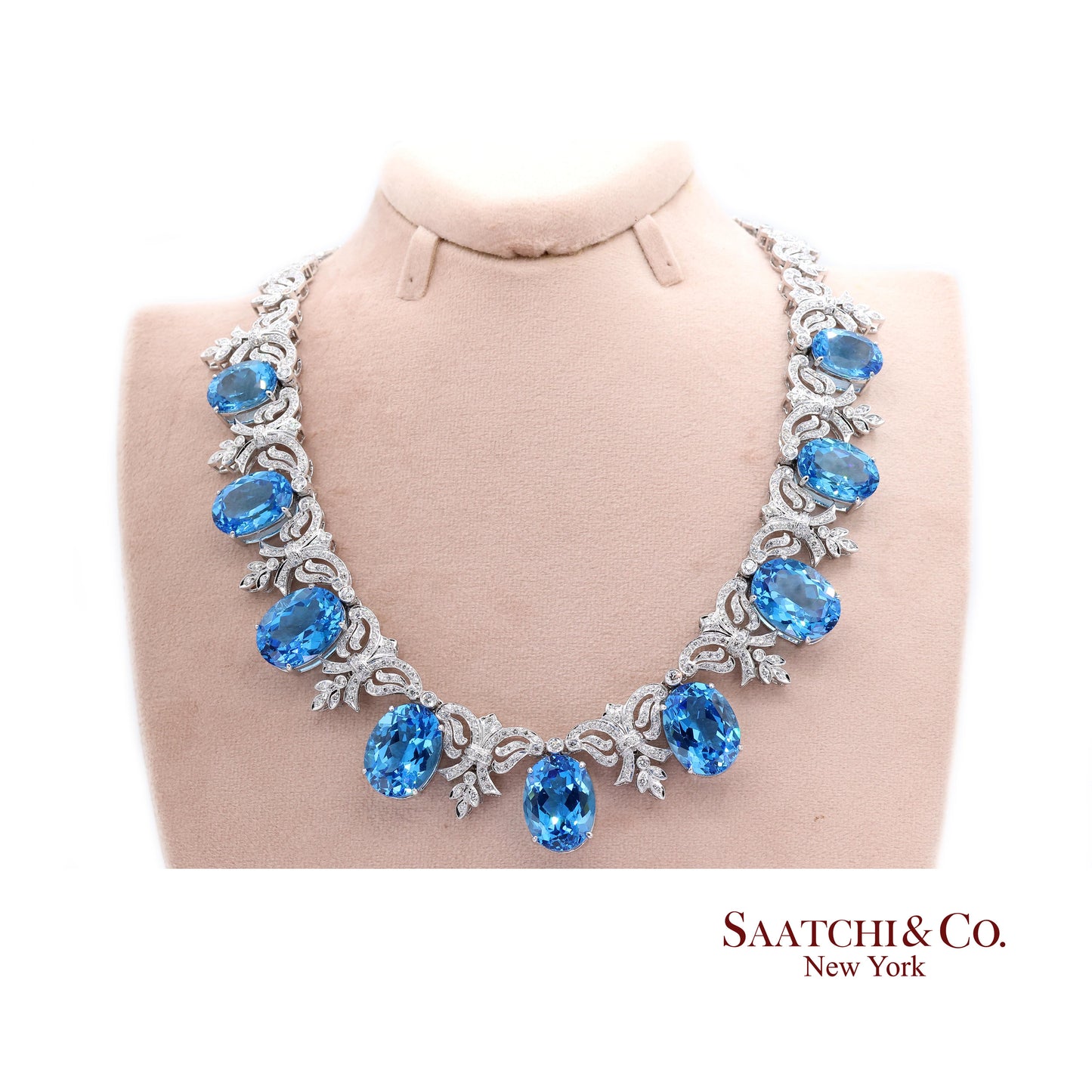 10K White Gold Natural Diamond Royal Blue Topaz Elegant Necklace