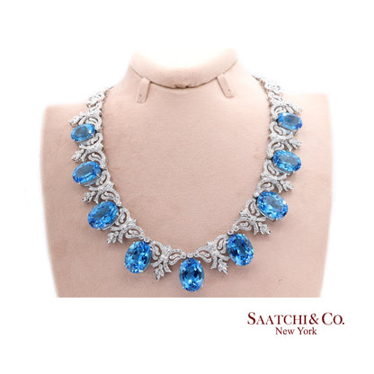 10K White Gold Natural Diamond Royal Blue Topaz Elegant Necklace