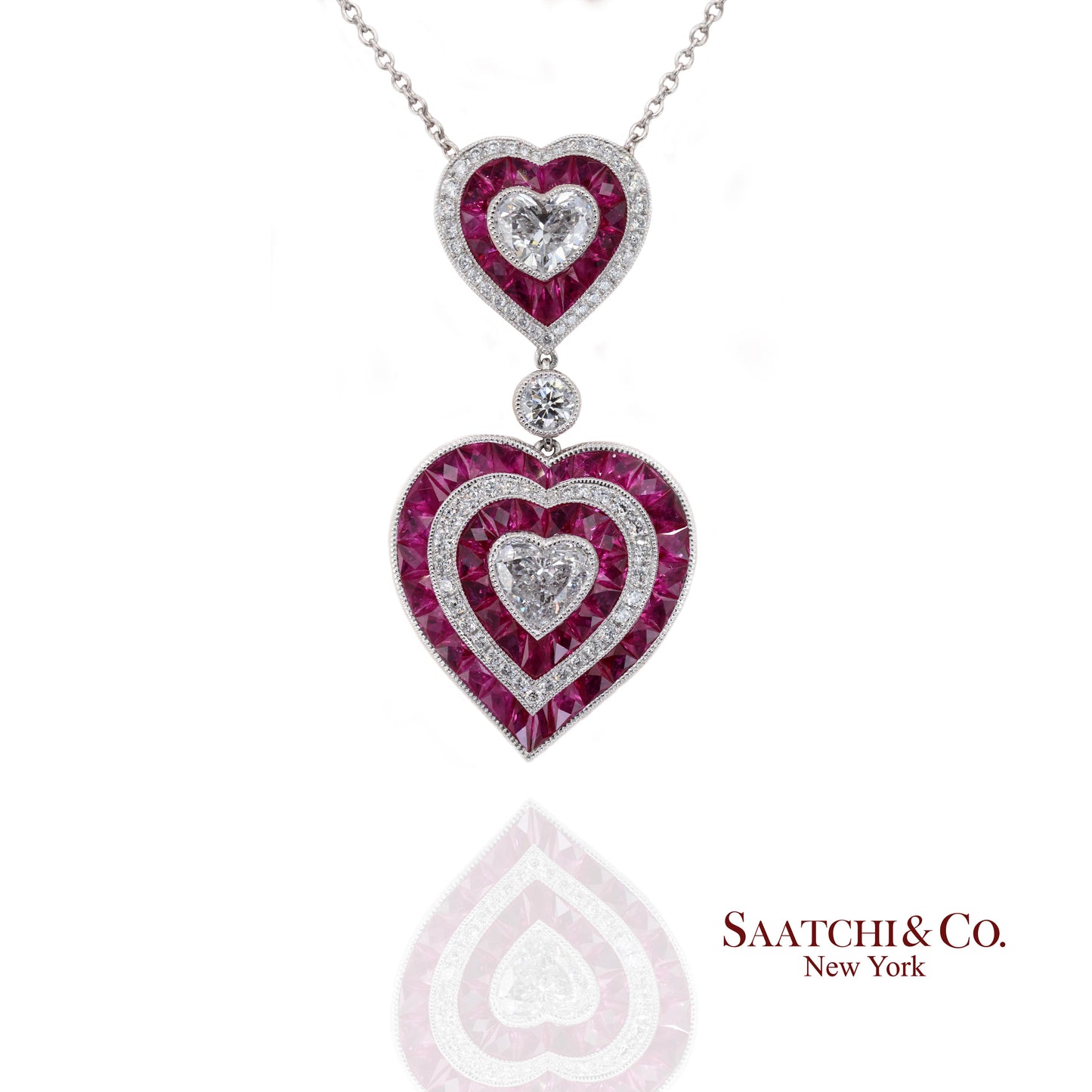 GIA Platinum 950 Double Heart Natural Burma Ruby Milgrain Pendant Necklace