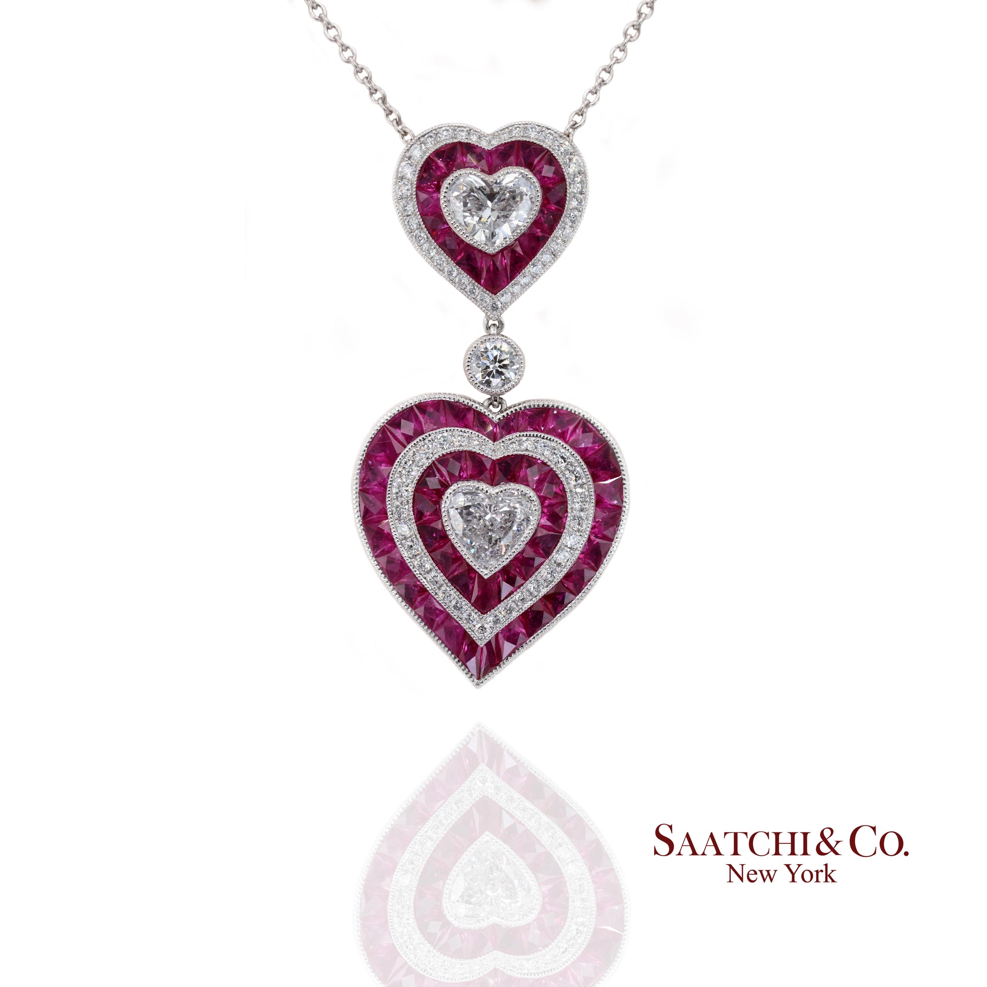 GIA Platinum 950 Double Heart Natural Burma Ruby Milgrain Pendant Necklace