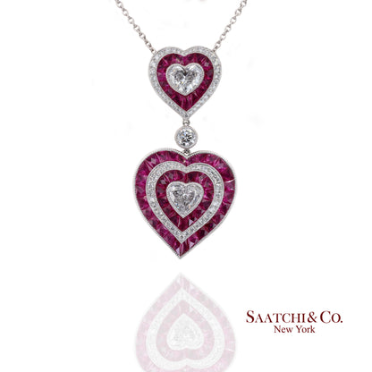 GIA Platinum 950 Double Heart Natural Burma Ruby Milgrain Pendant Necklace