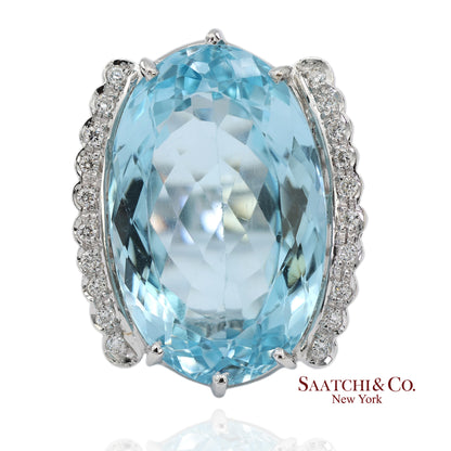 18K(750) Solid Vintage White Gold Natural Diamond and Blue Topaz Ring