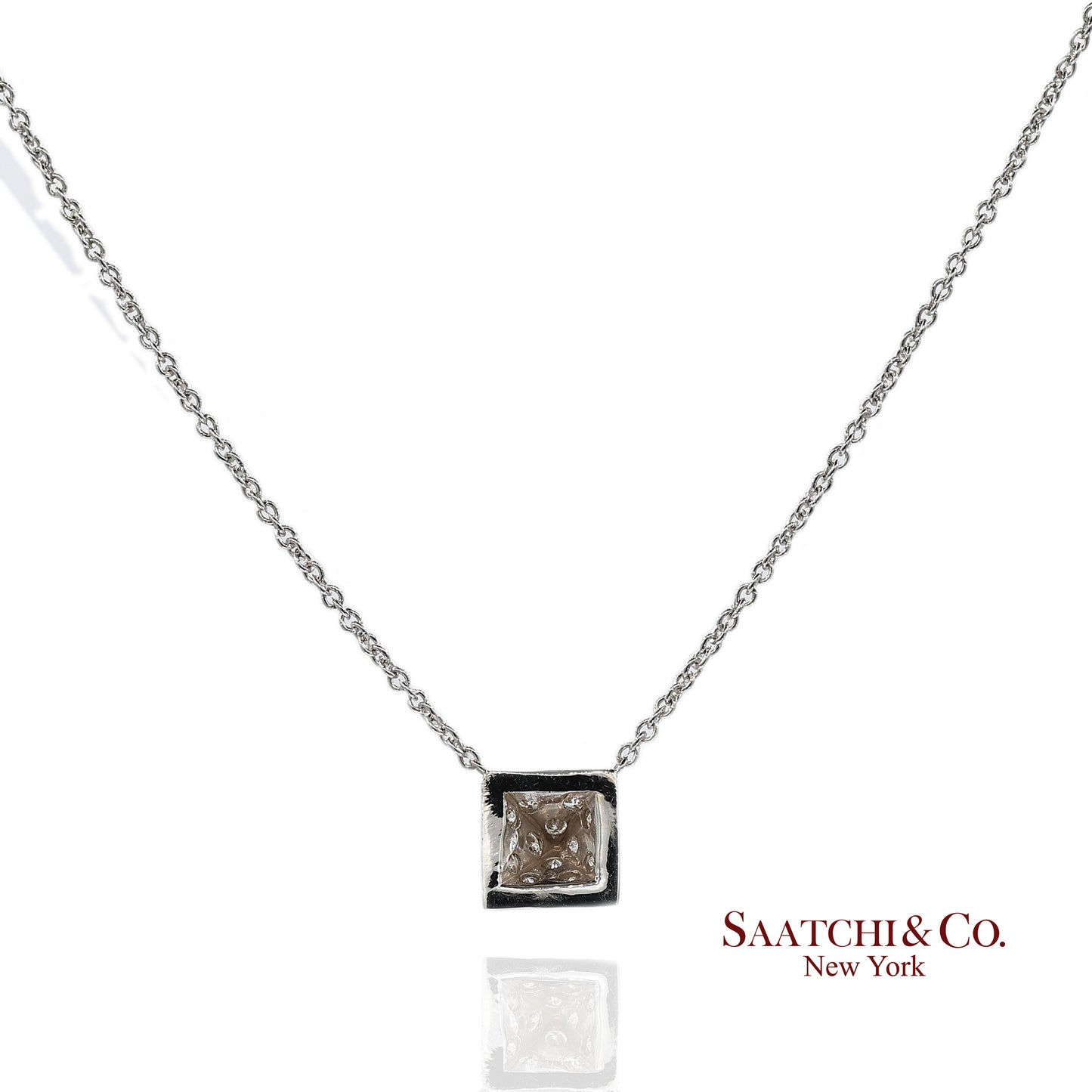 18K(750) White Gold Natural Diamond Square Shape Pendant Necklace with Chain