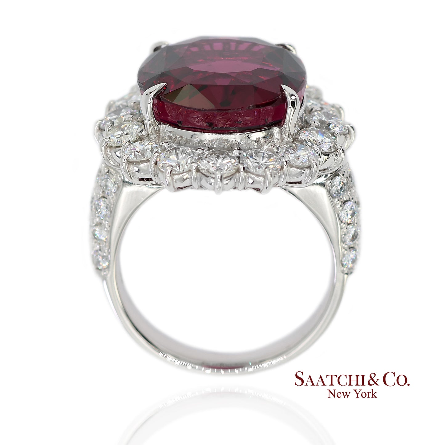 GIA Certified Solid Platinum 900 Natural Diamond and Natural Garnet Ring