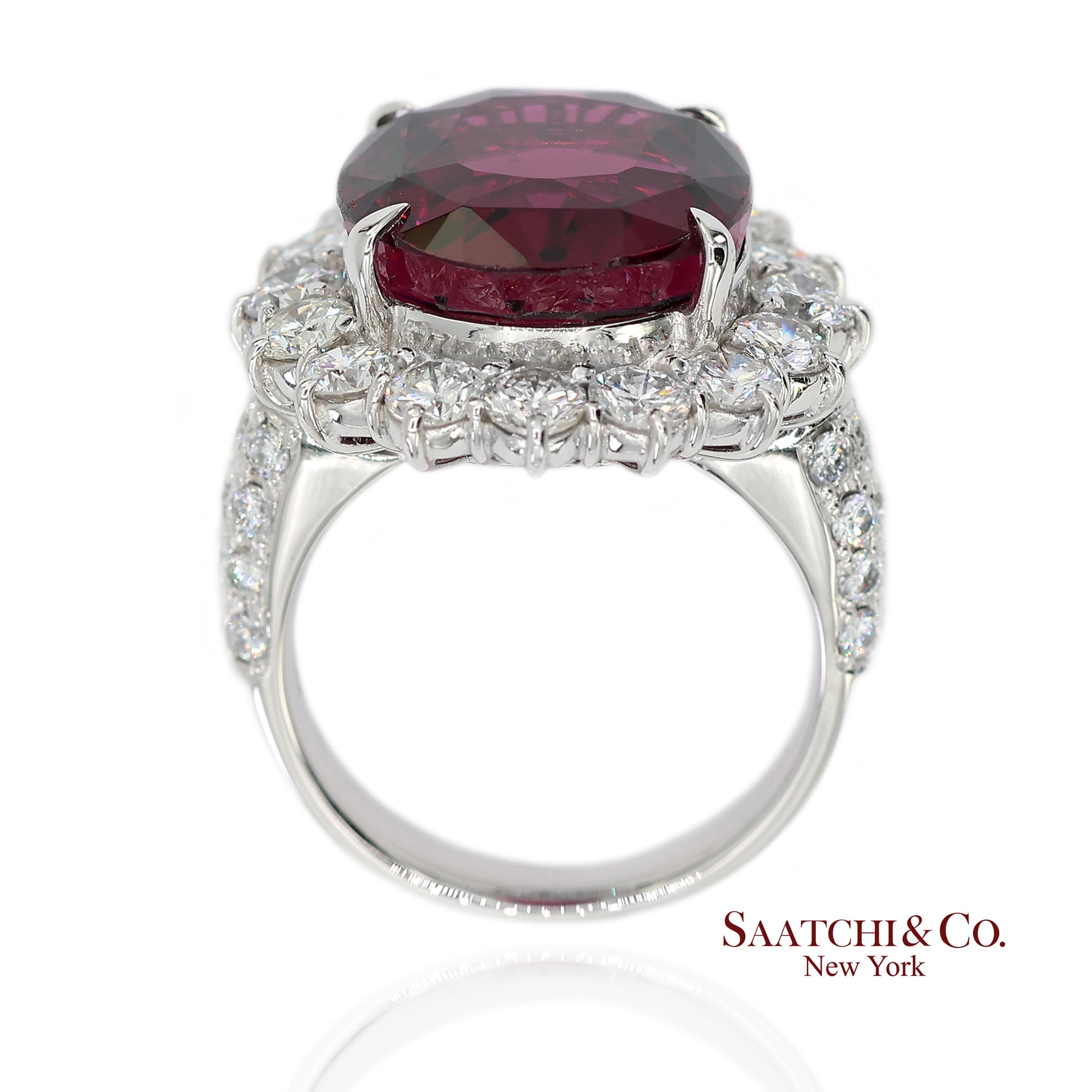 GIA Certified Solid Platinum 900 Natural Diamond and Natural Garnet Ring