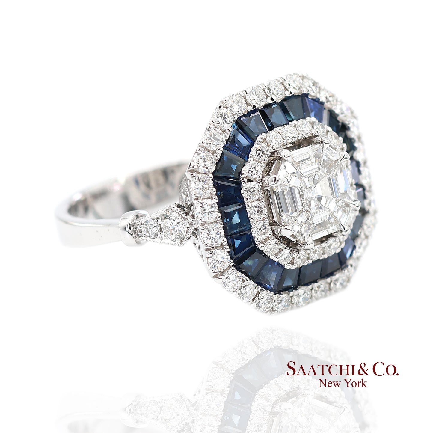 18K(750) White Gold Royal Blue Sapphire and Asscher Pie Cut Natural Diamond Ring