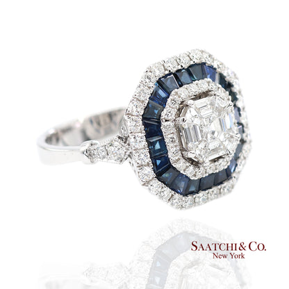 18K(750) White Gold Royal Blue Sapphire and Asscher Pie Cut Natural Diamond Ring
