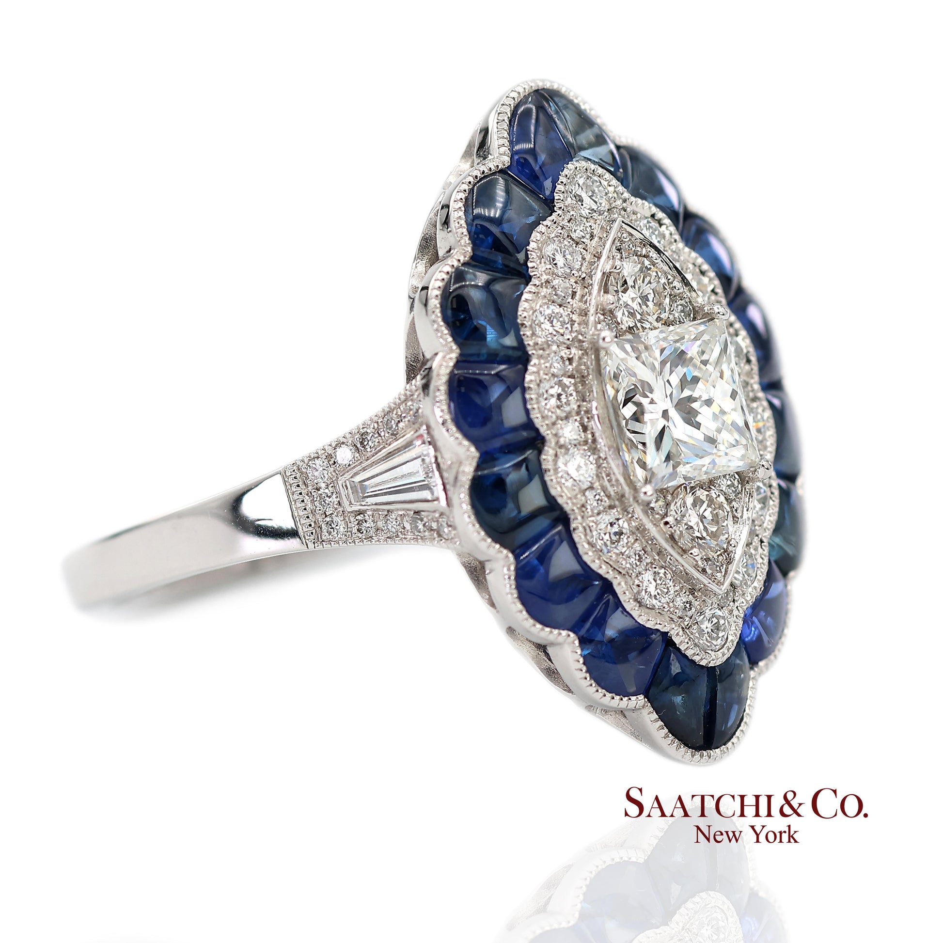Platinum (950) Natural Diamond and Natural Sapphire Milgrain Ring