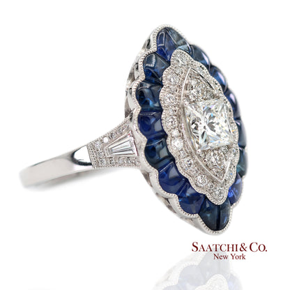 Platinum (950) Natural Diamond and Natural Sapphire Milgrain Ring