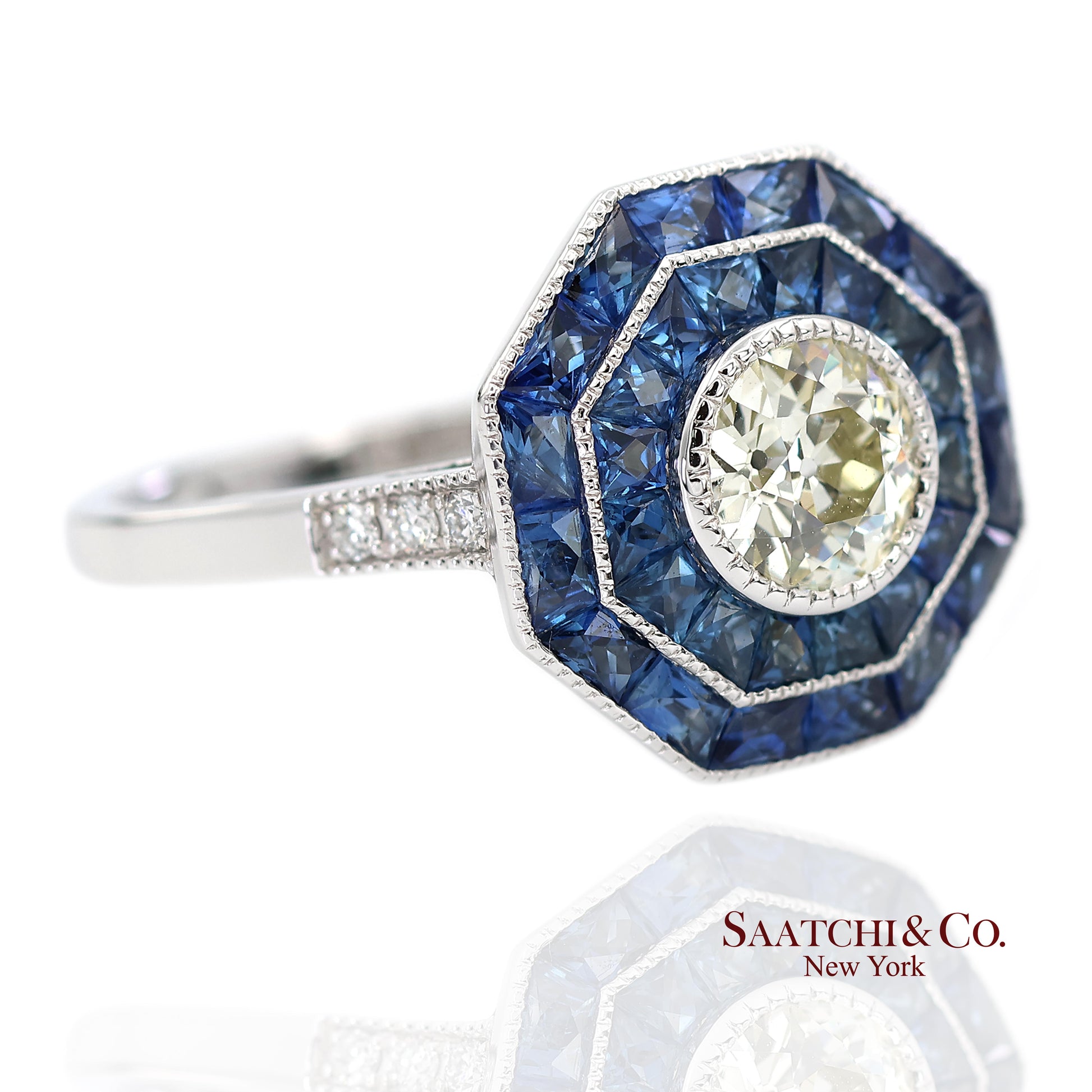 Platinum 950 Natural Diamond and Natural Sapphire Milgrain Ring