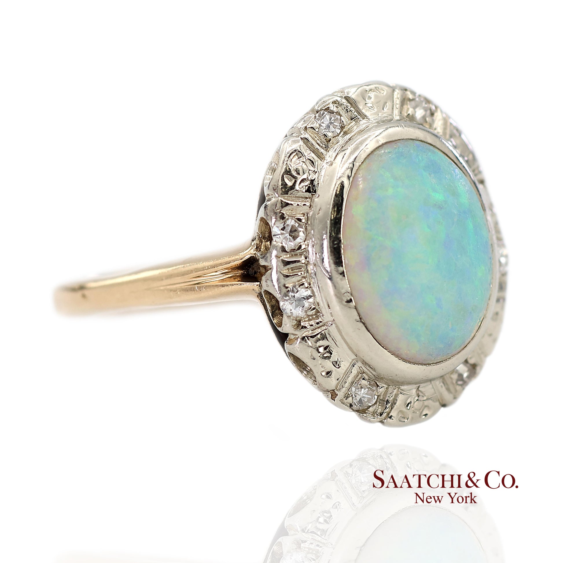14K White and Yellow Gold Vintage Natural Diamond and Natural Opal Ring