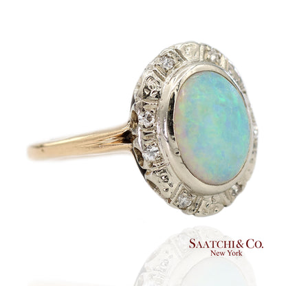 14K White and Yellow Gold Vintage Natural Diamond and Natural Opal Ring