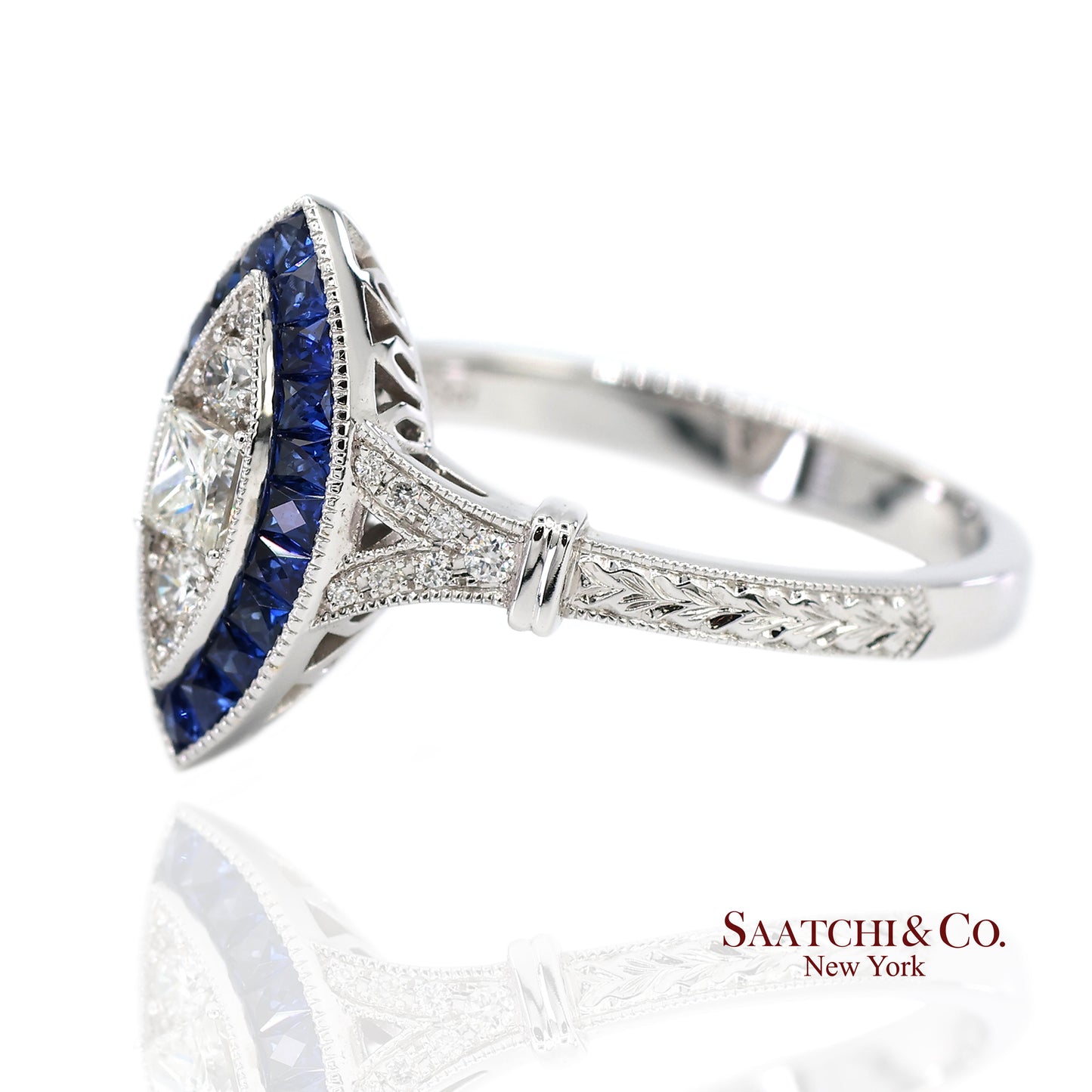 18K (750) White Gold Natural Diamond and Sapphire Marquise Milgrain Ring