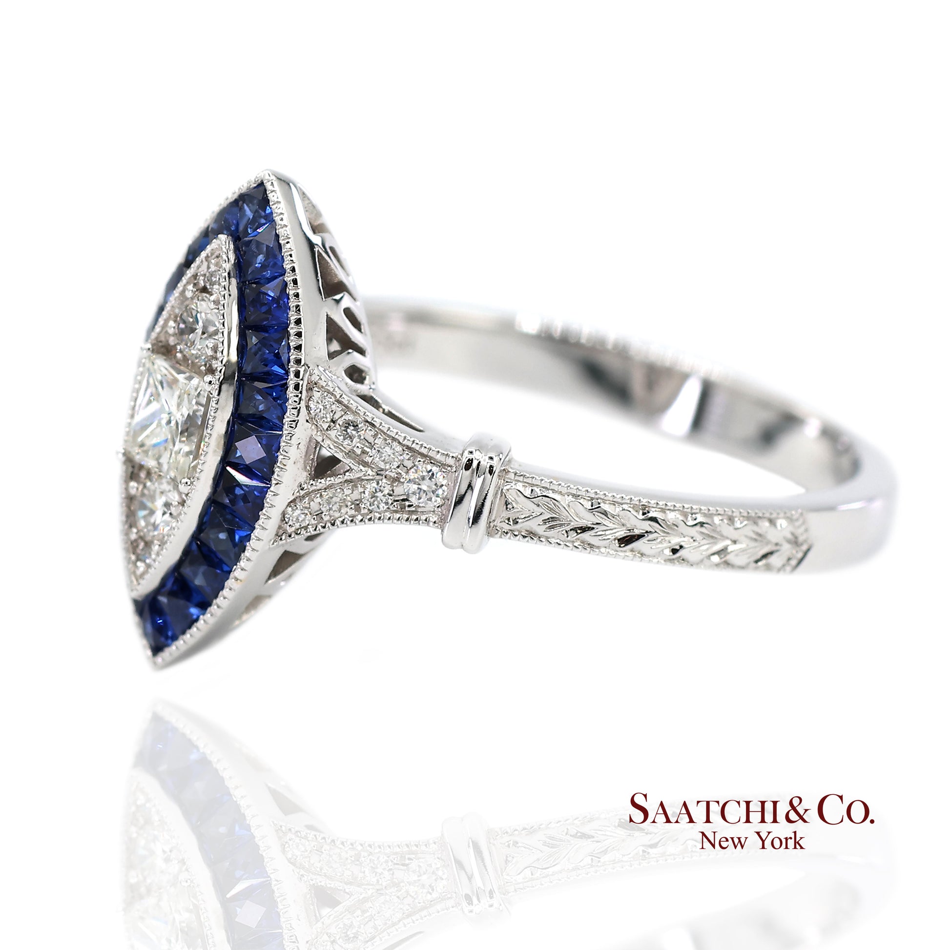 18K (750) White Gold Natural Diamond and Sapphire Marquise Milgrain Ring
