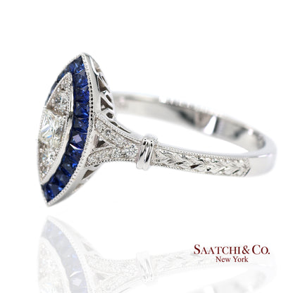 18K (750) White Gold Natural Diamond and Sapphire Marquise Milgrain Ring