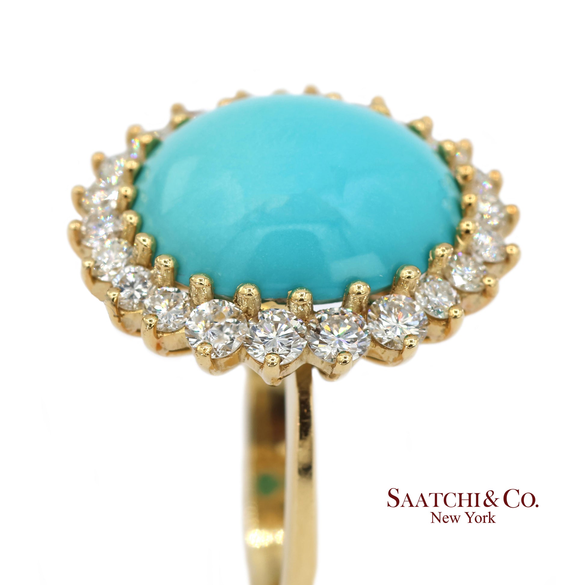 18K Yellow Gold Turquoise  Natural Diamond Halo Ring