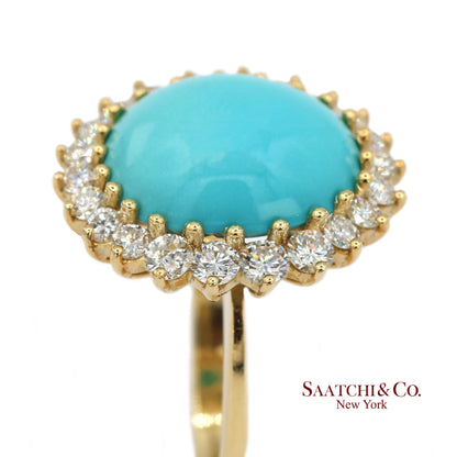 18K Yellow Gold Turquoise  Natural Diamond Halo Ring