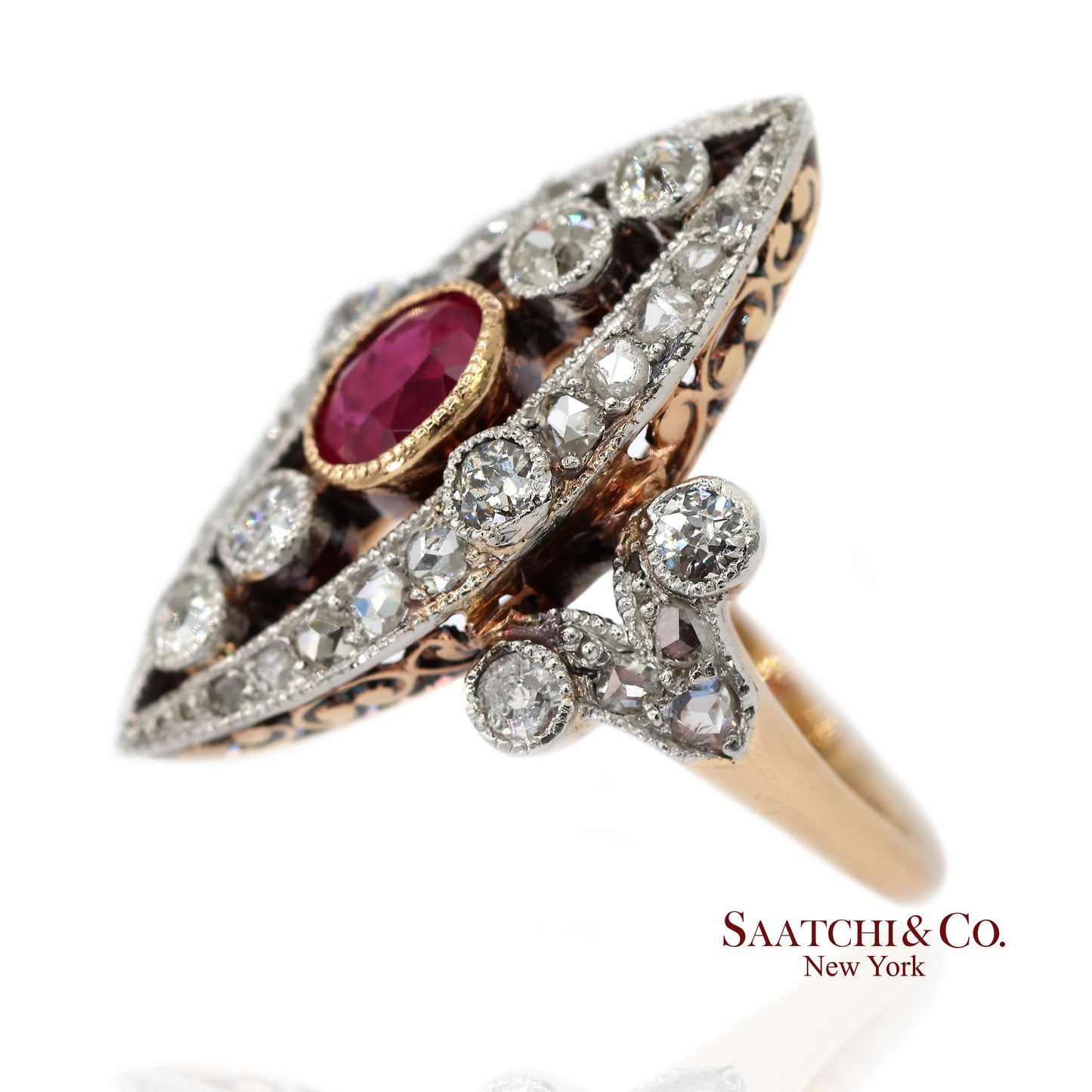 Vintage 14K(585) Yellow and White Gold Natural Diamond and Ruby Ring