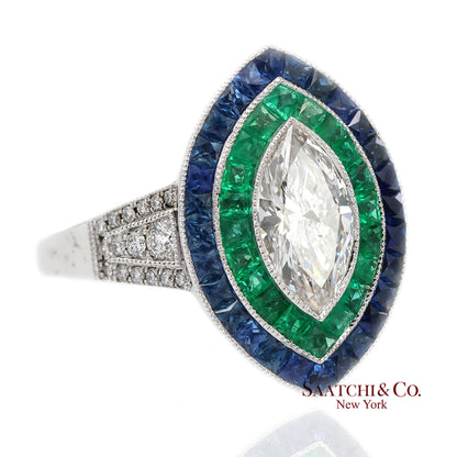 GIA_18K 750 Solid White Gold Natural Diamond Emerald and Sapphire Milgrain Ring