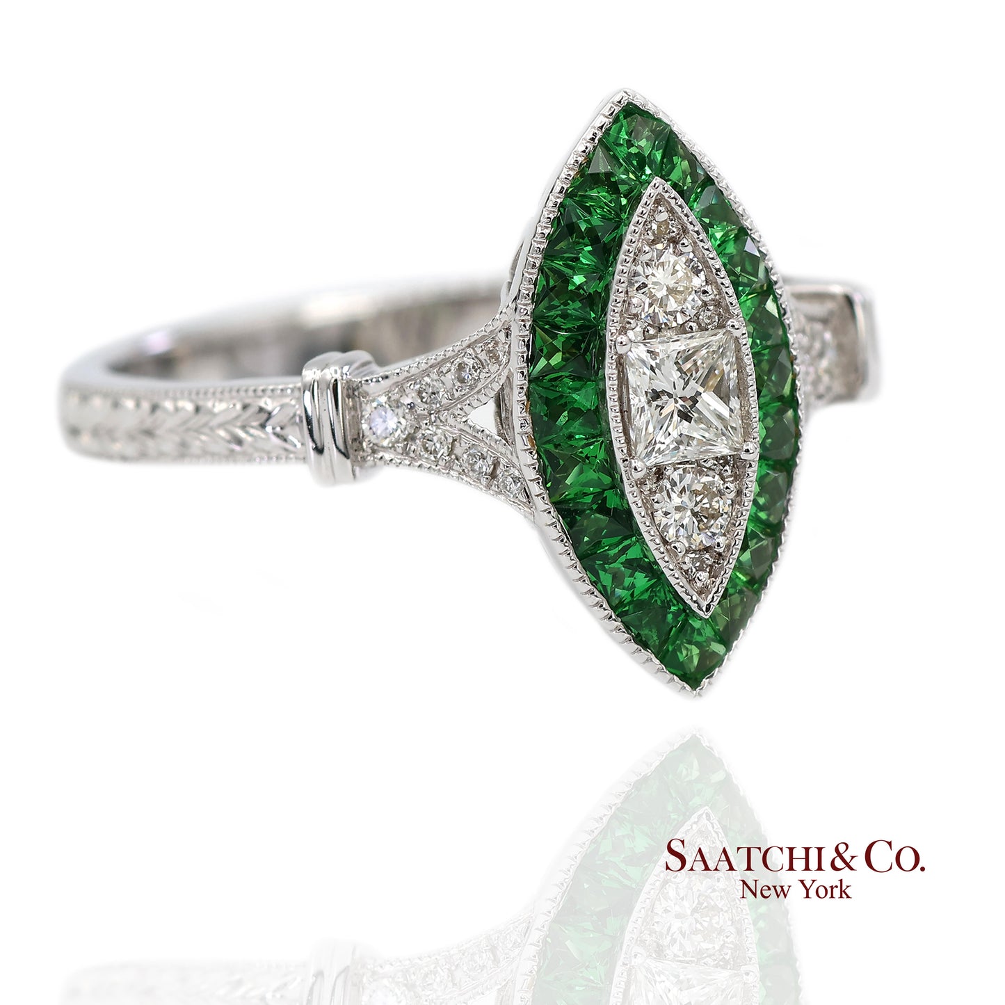18K (750) White Gold Natural Diamond and Tsavorite Marquise Milgrain Ring