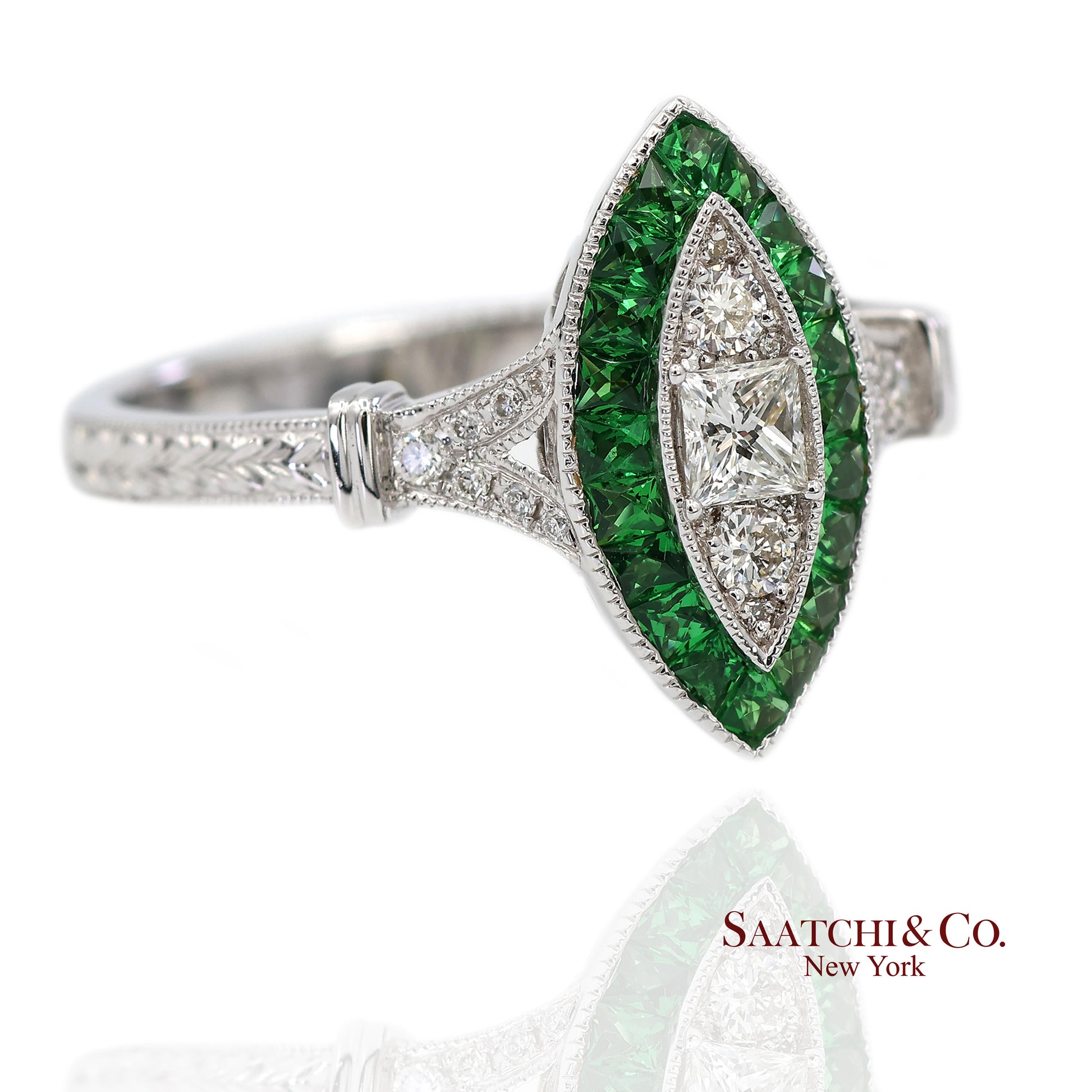 18K (750) White Gold Natural Diamond and Tsavorite Marquise Milgrain Ring