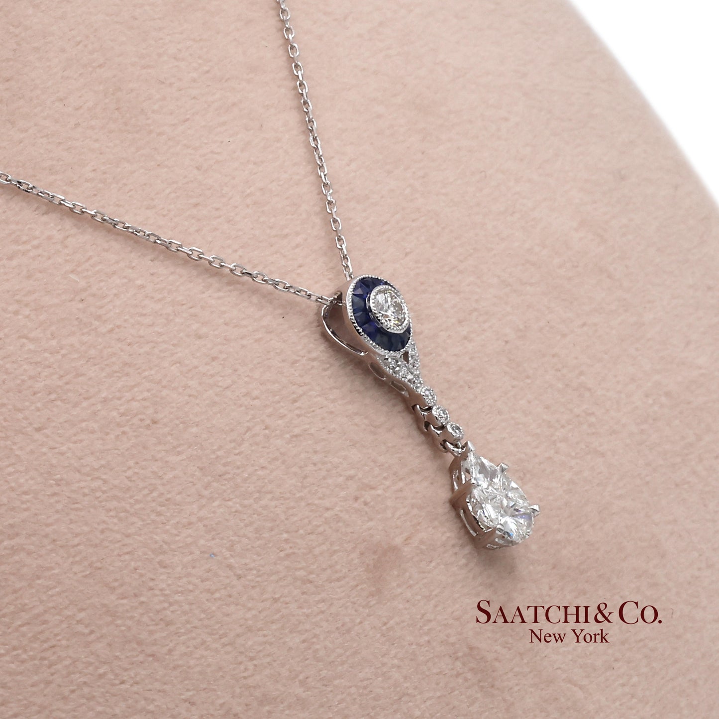 18K White Gold Natural Diamond and Pie Cut Sapphire Pendant with 14K Gold Chain