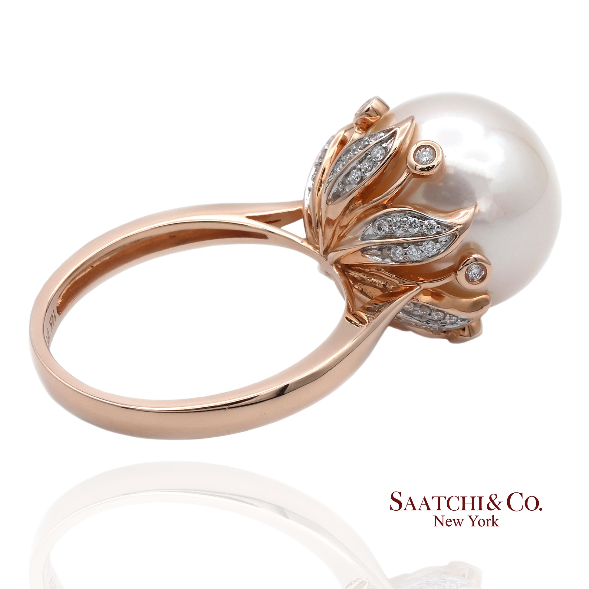 14K (585) Rose Gold Natural Brilliant Diamond and White Pearl Ring