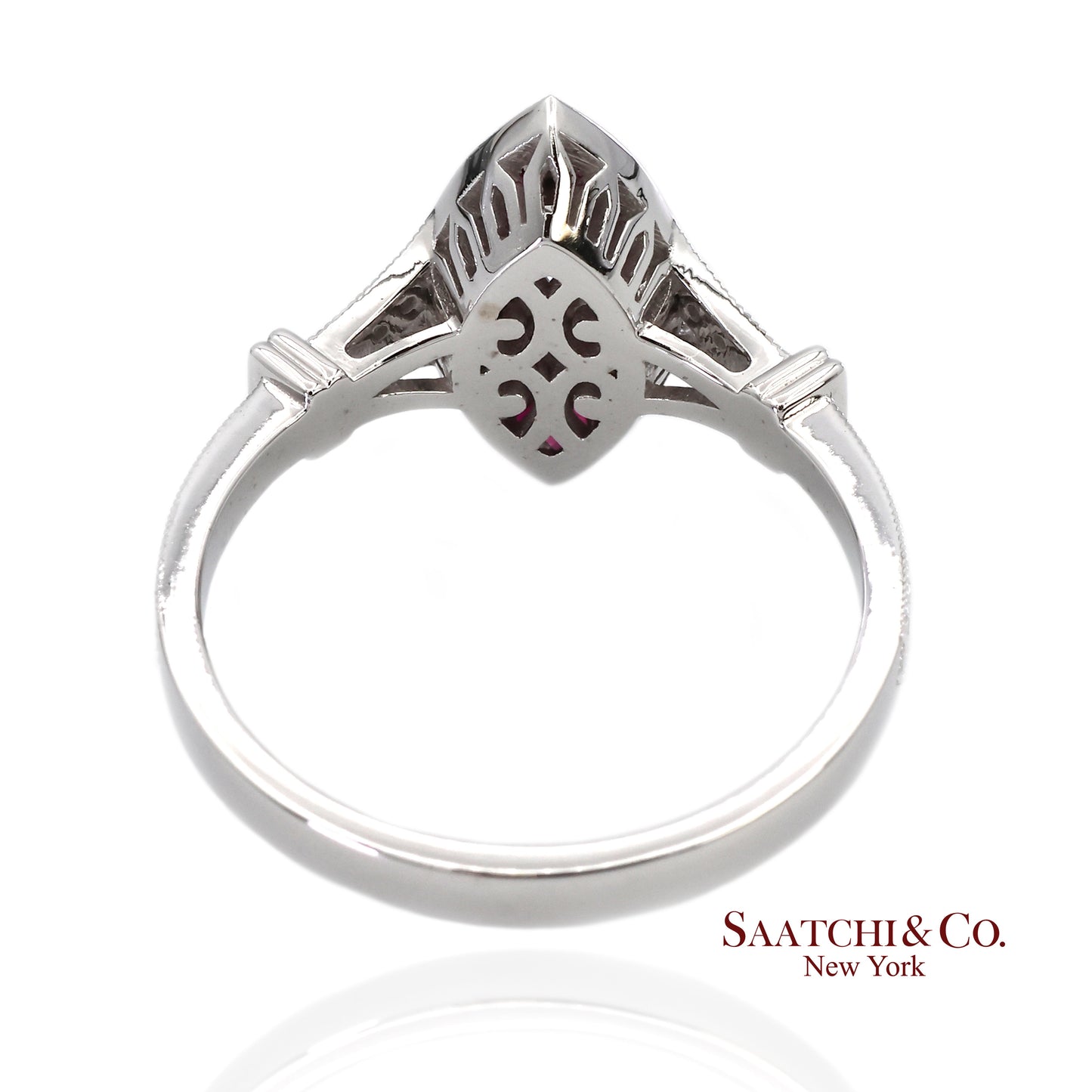 18K (750) White Gold Natural Diamond and Marquise Ruby Milgrain Ring