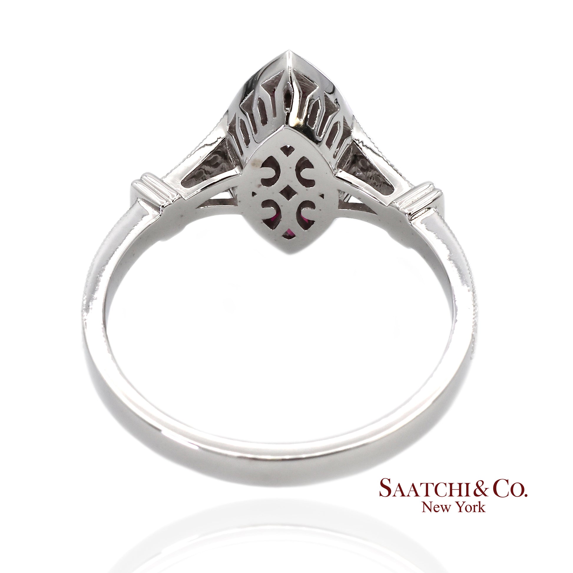 18K (750) White Gold Natural Diamond and Marquise Ruby Milgrain Ring