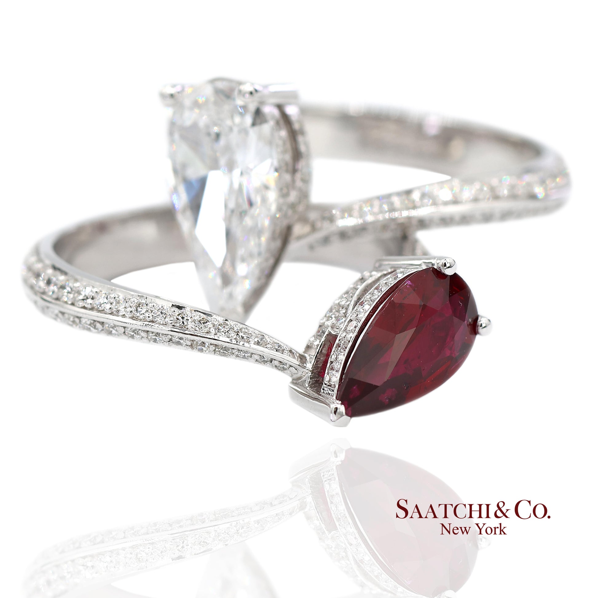 18K(750) Solid White Gold Natural Diamond and Ruby Toi et Moi Ring