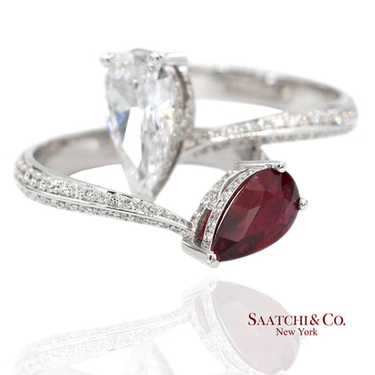 18K(750) Solid White Gold Natural Diamond and Ruby Toi et Moi Ring