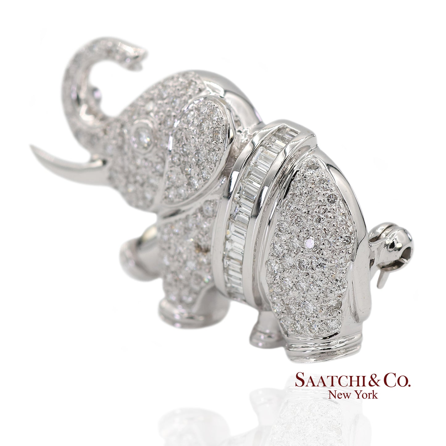 18K (750) White Gold Natural Diamond Elephant Brooch/Pin