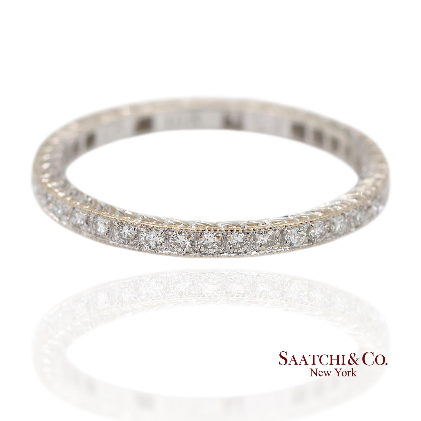 18K (750) White Gold Exquisite Hand Engraving and Milgrain Detailing Band Ring