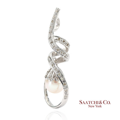 18K (750) White Gold Natural Diamond and White Pearl Pendant Necklace