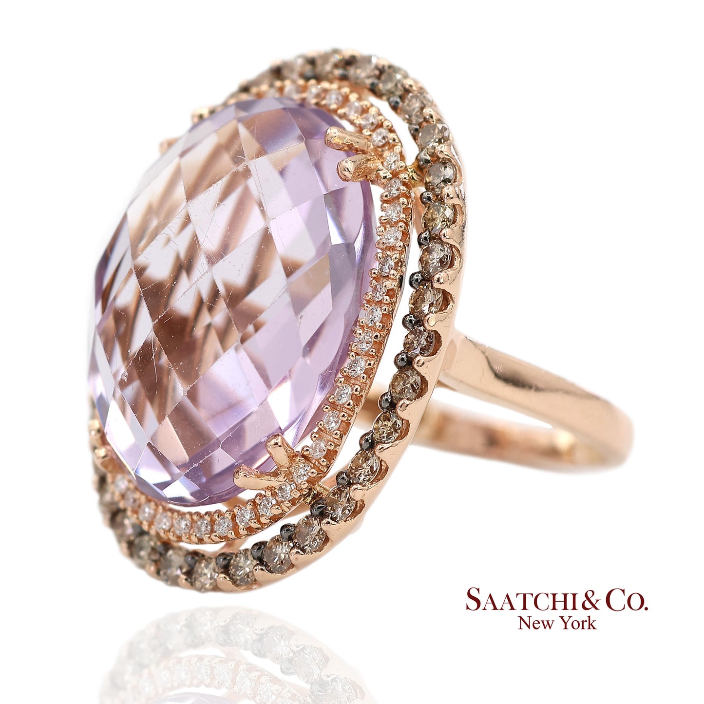 14K (585) Rose Gold Natural Diamond and Amethyst Ring