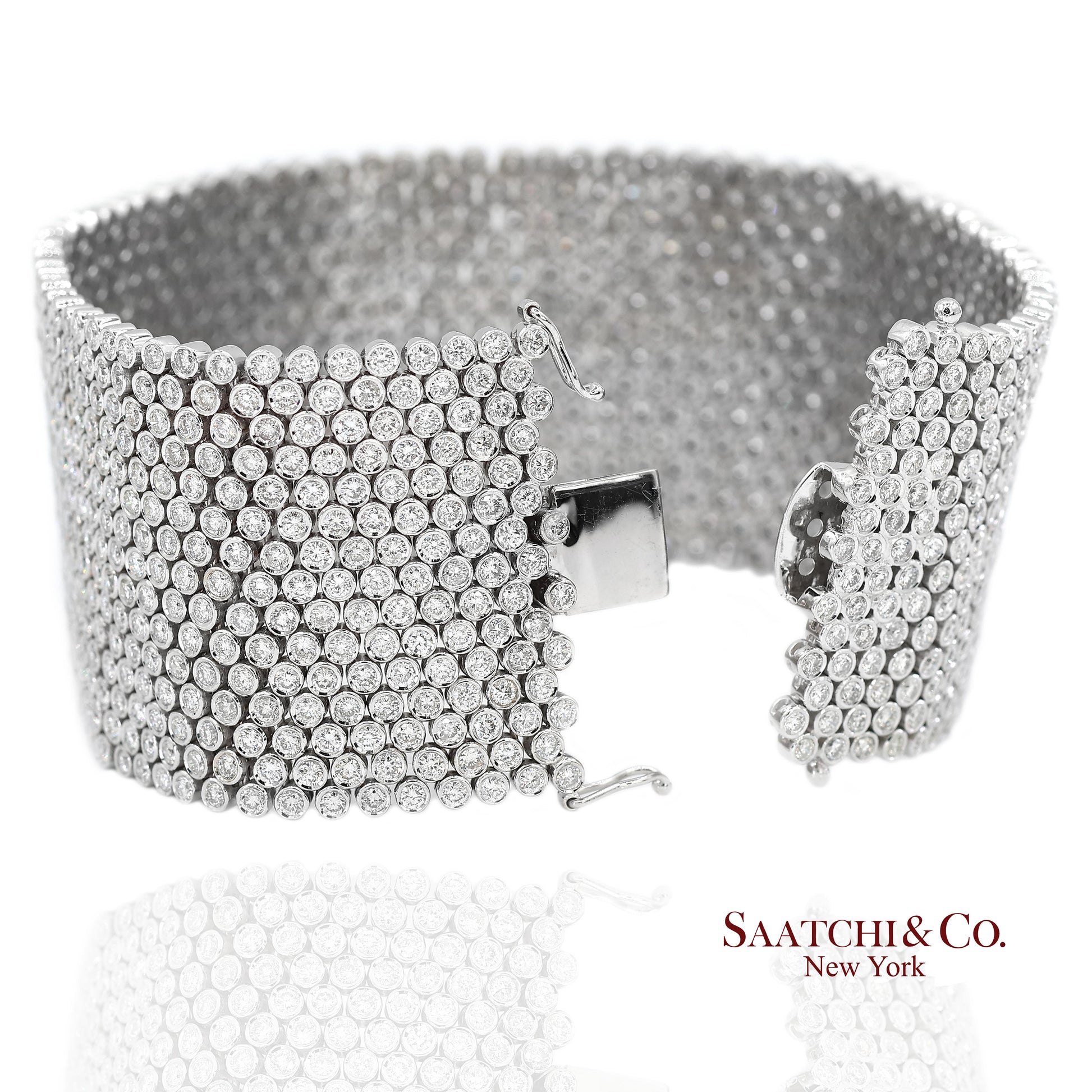 18K (750) White Gold Natural Diamond Wide Mesh Bracelet 15 Rows