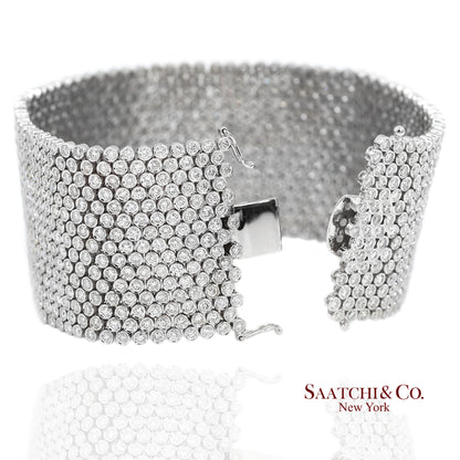 18K (750) White Gold Natural Diamond Wide Mesh Bracelet 15 Rows