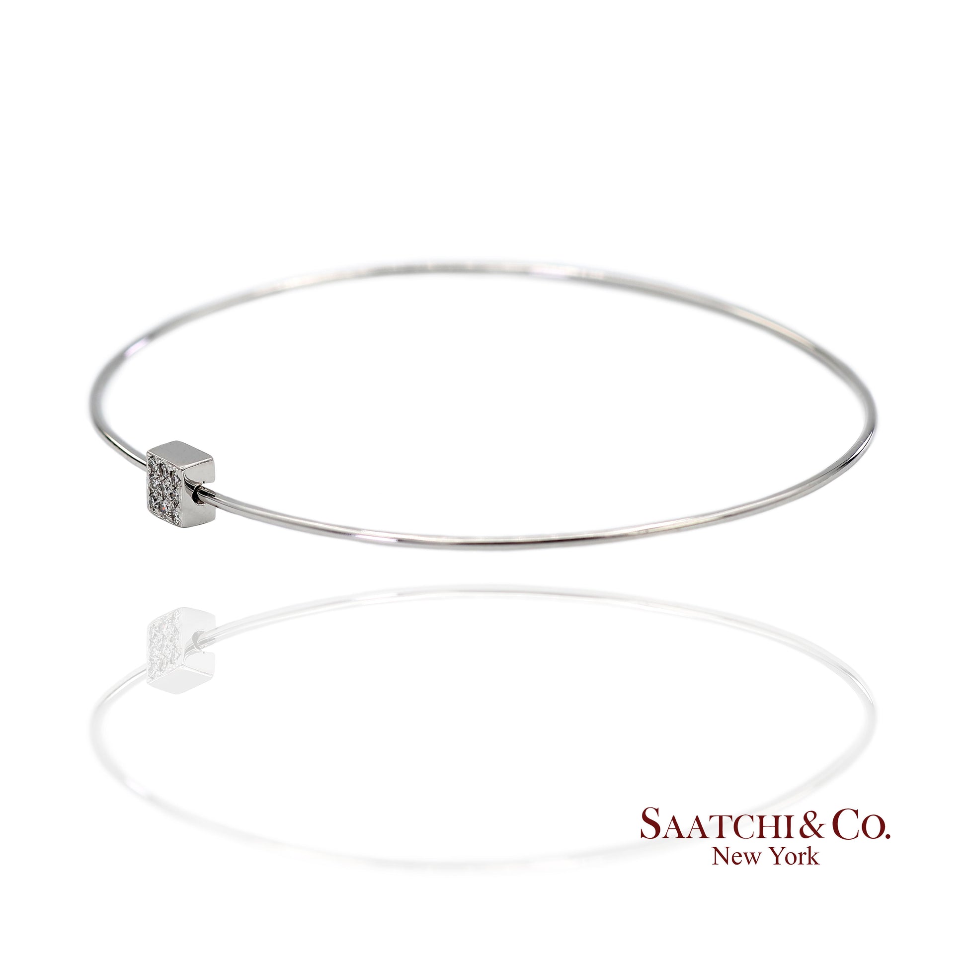 18K(750) Solid White Gold Natural Diamond Square Shape Bangle Bracelet