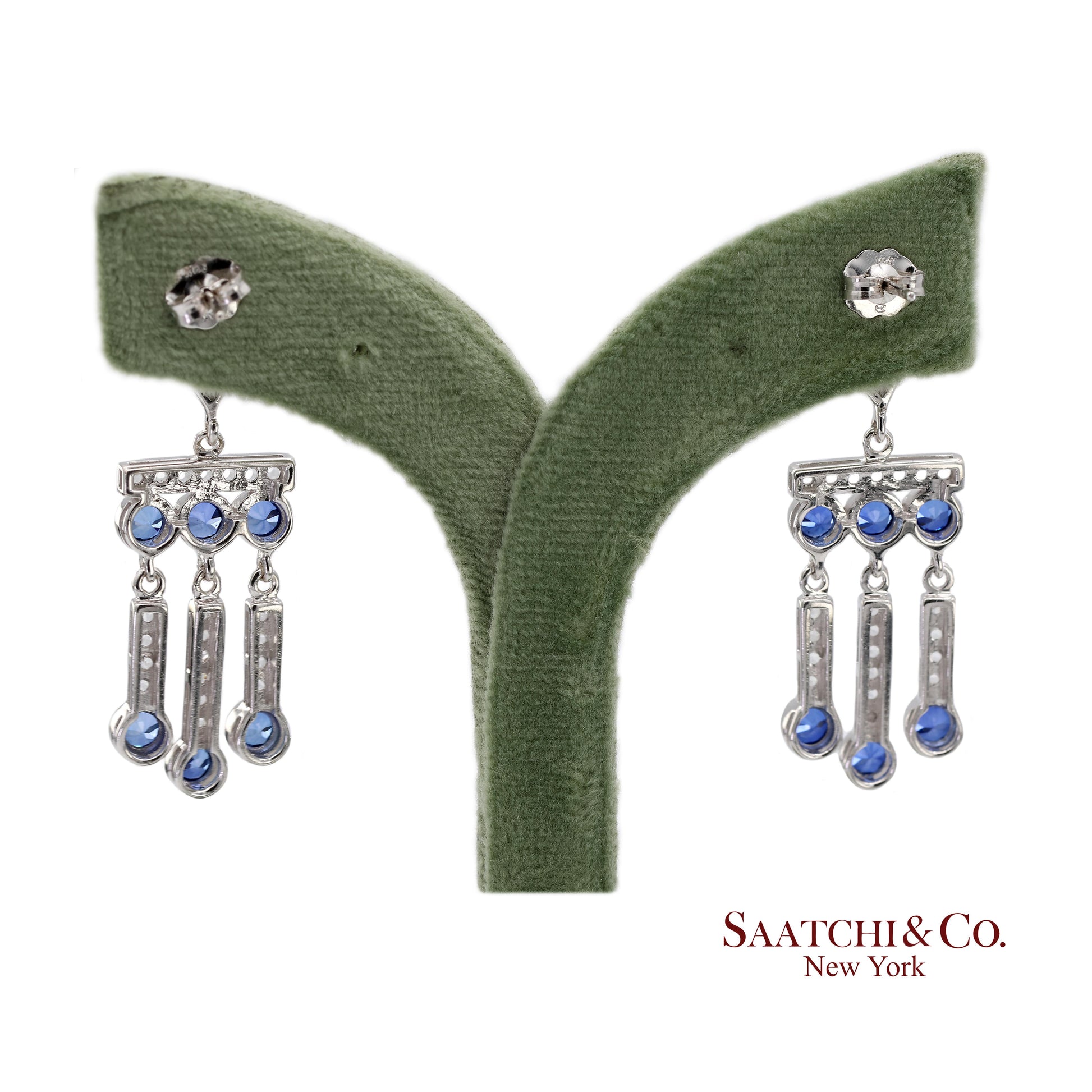14K(585) Vintage White Gold Natural Diamond and Sapphire Earrings