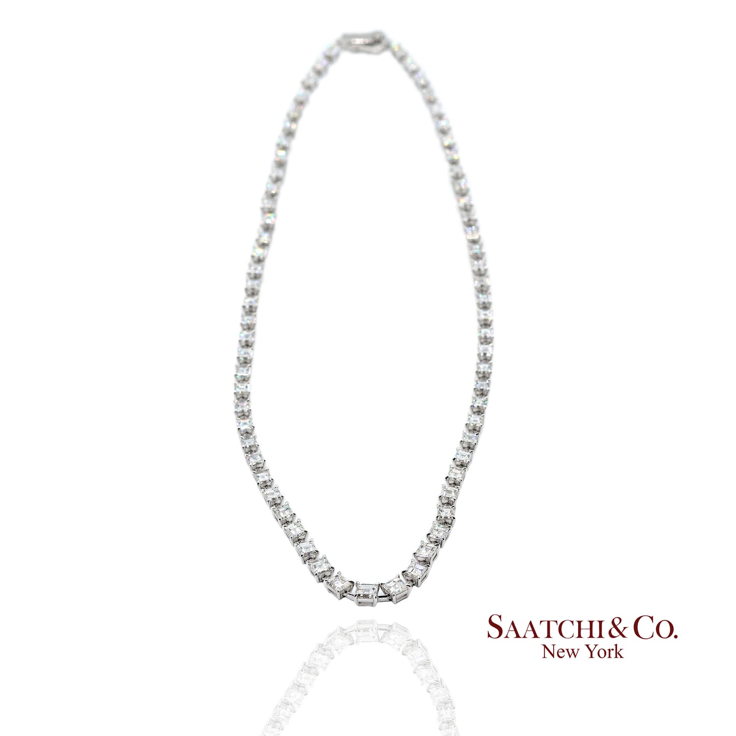 18K(750) White Gold Carre Cut Natural Diamond Tennis Necklace