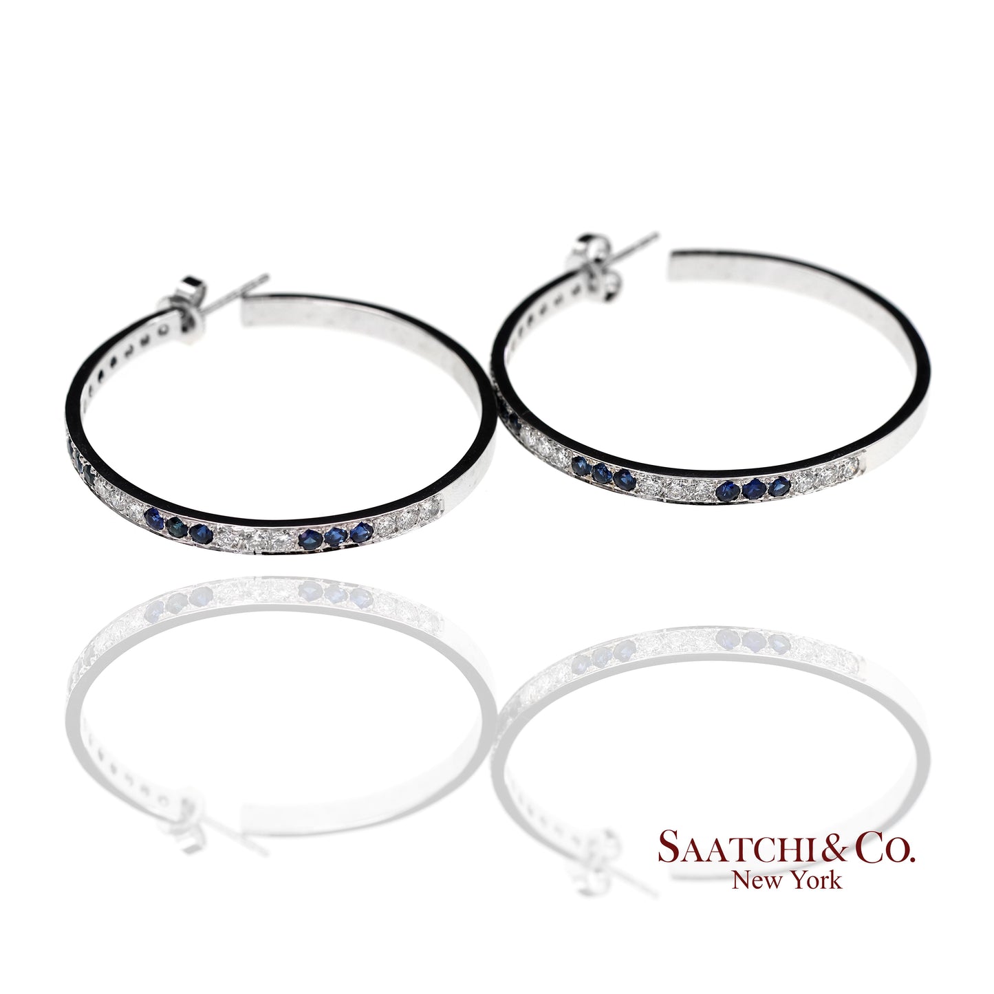 18K(750) Solid White Gold Natural Diamond and Sapphire Hoops Earrings