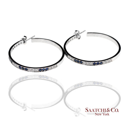18K(750) Solid White Gold Natural Diamond and Sapphire Hoops Earrings