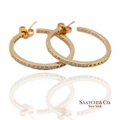 18K(750) Solid Yellow Gold In and Out Natural Diamond Hoop Earrings
