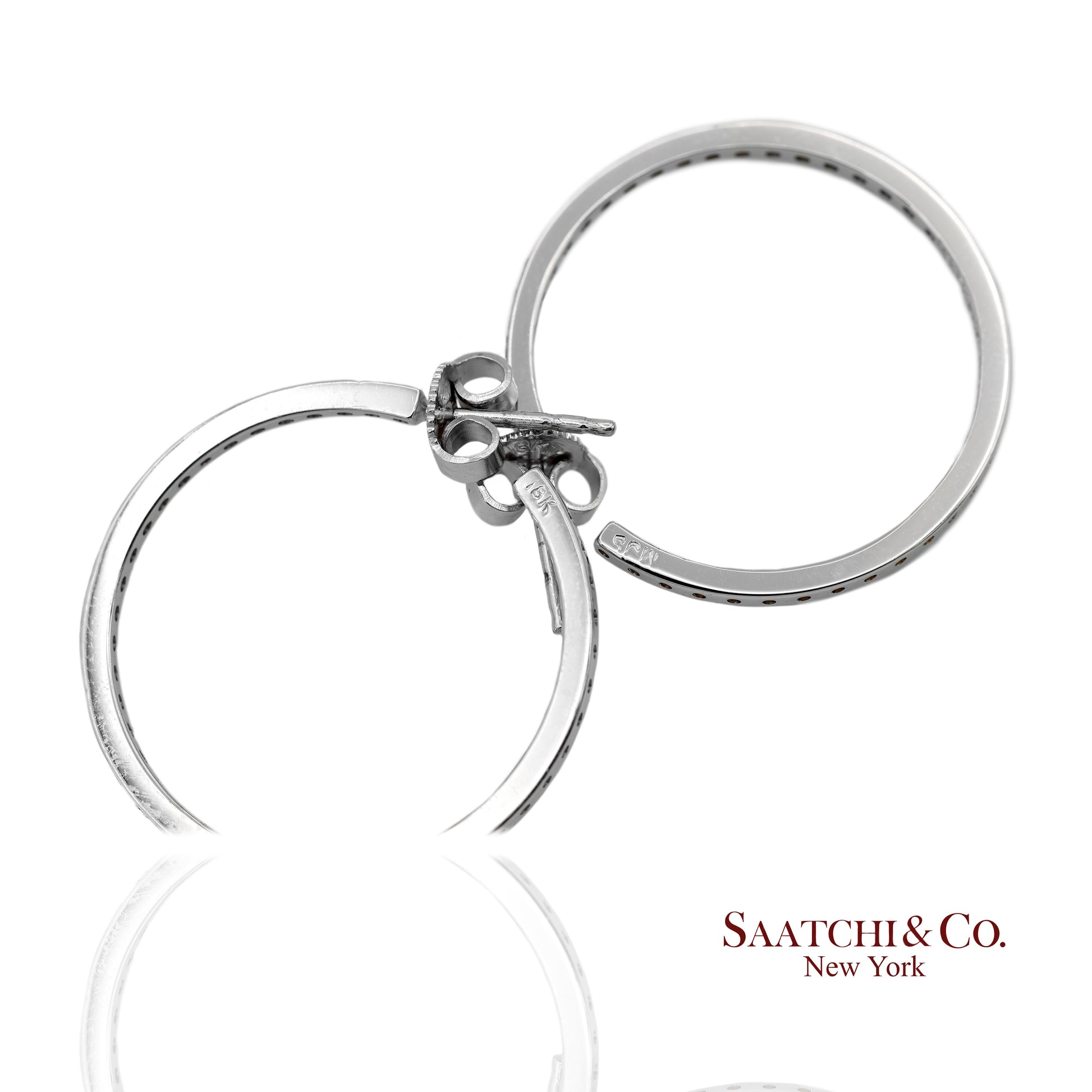 18K(750) Solid White Gold In and Out Natural Diamond Hoop Earrings