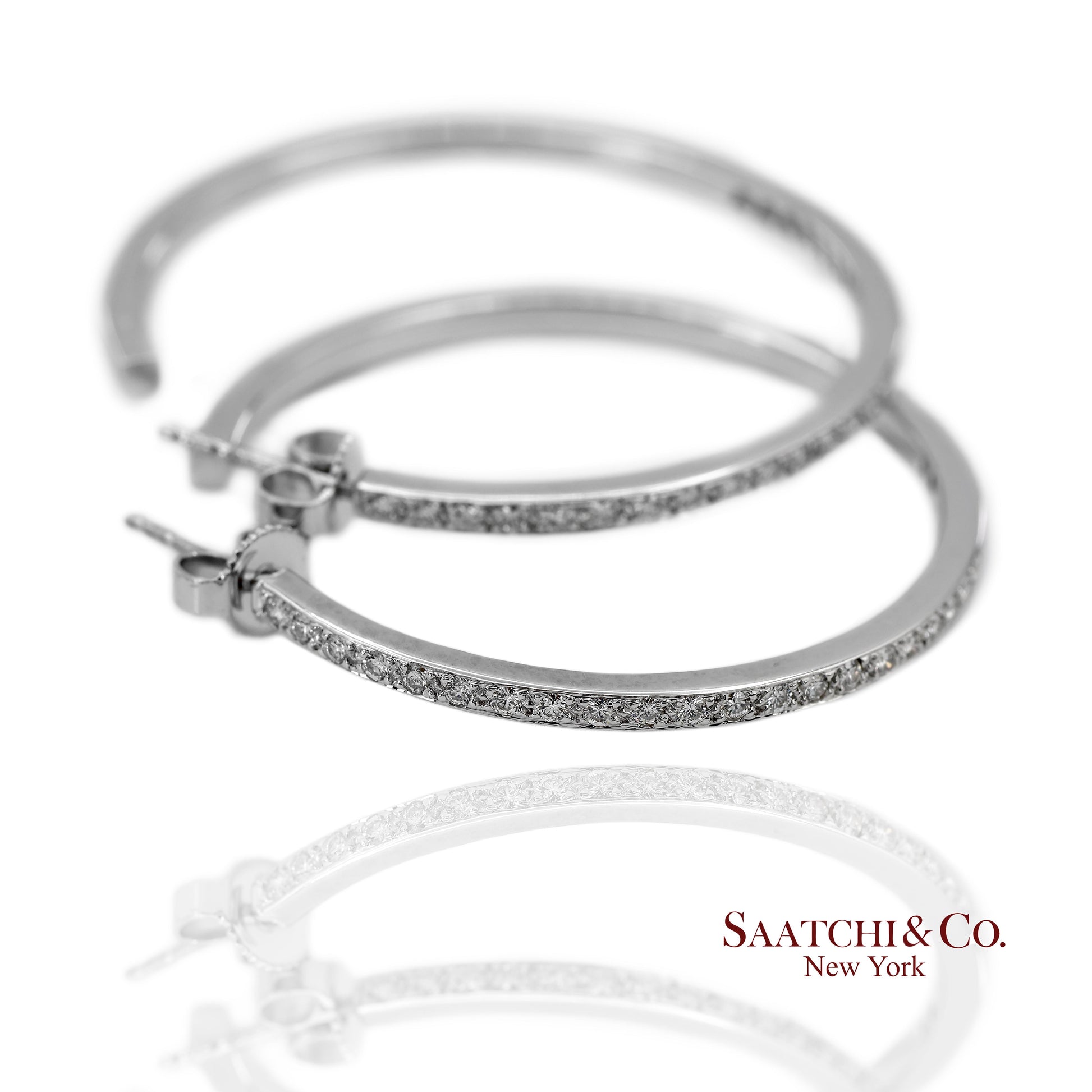 18K(750) Solid White Gold Natural Diamond Hoop Earrings