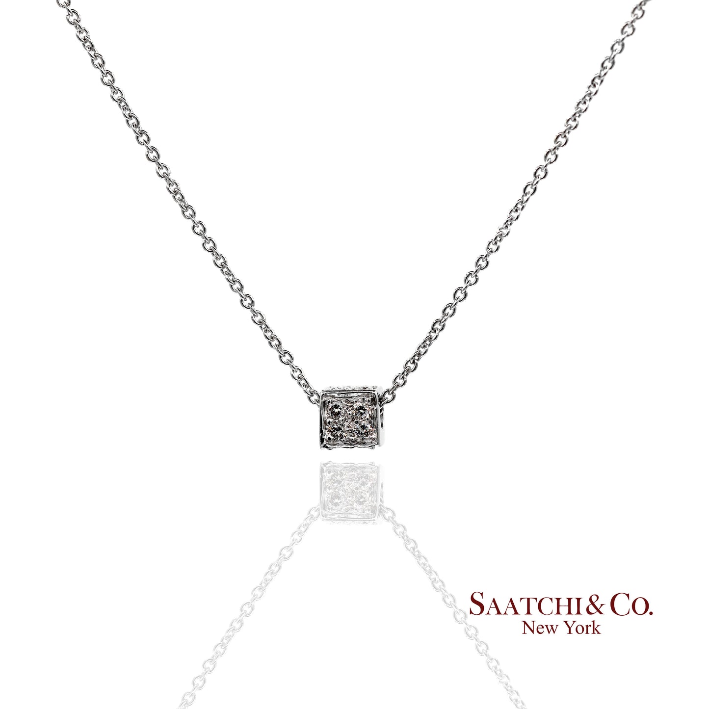 18K(750) White Gold Natural Diamond Box Shape Pendant Necklace with Chain