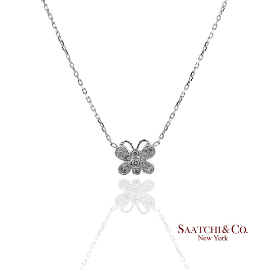 14K(585) White Gold Natural Diamond Butterfly Pendant Necklace with Chain
