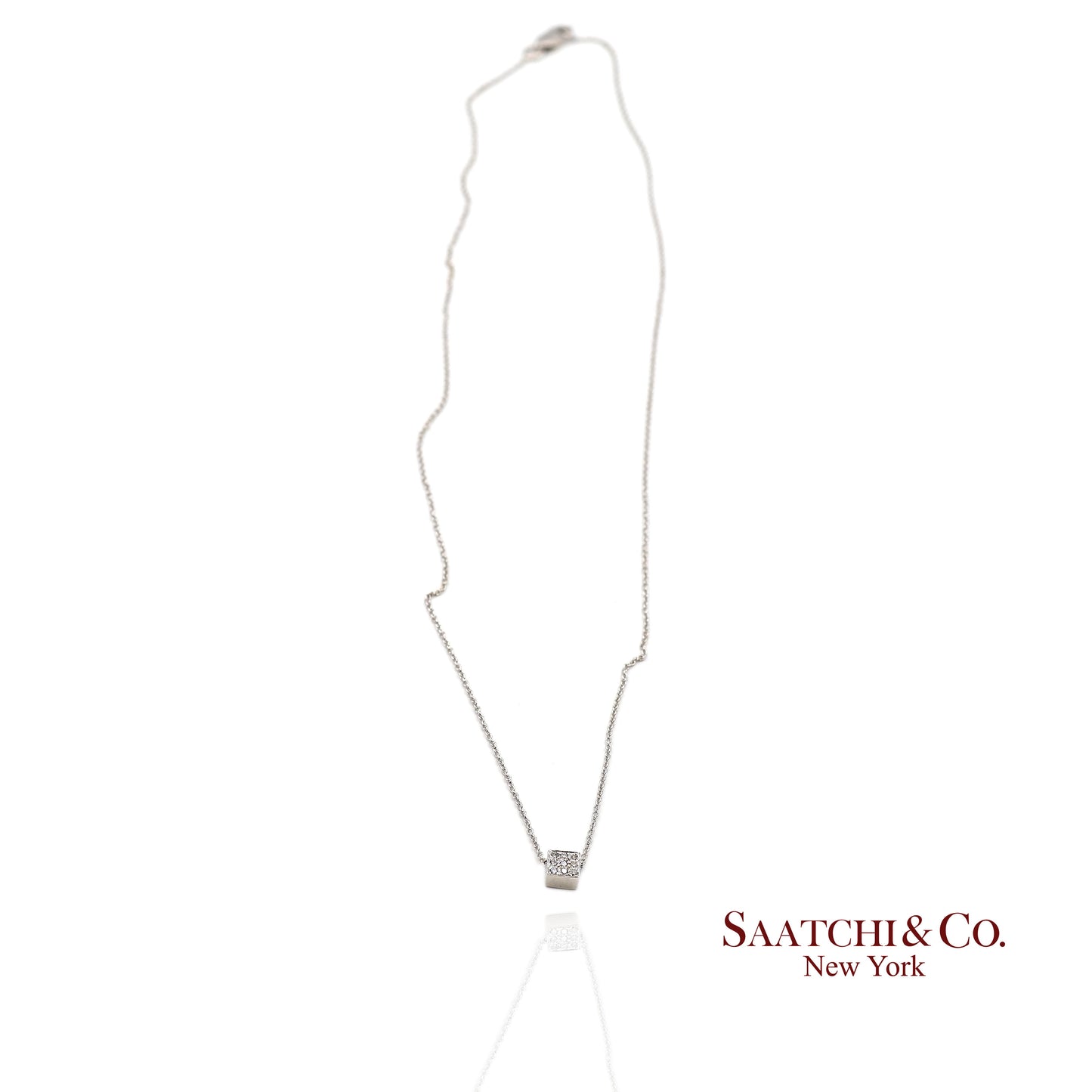 18K(750) White Gold Natural Diamond Square Box Shape Pendant Necklace with Chain